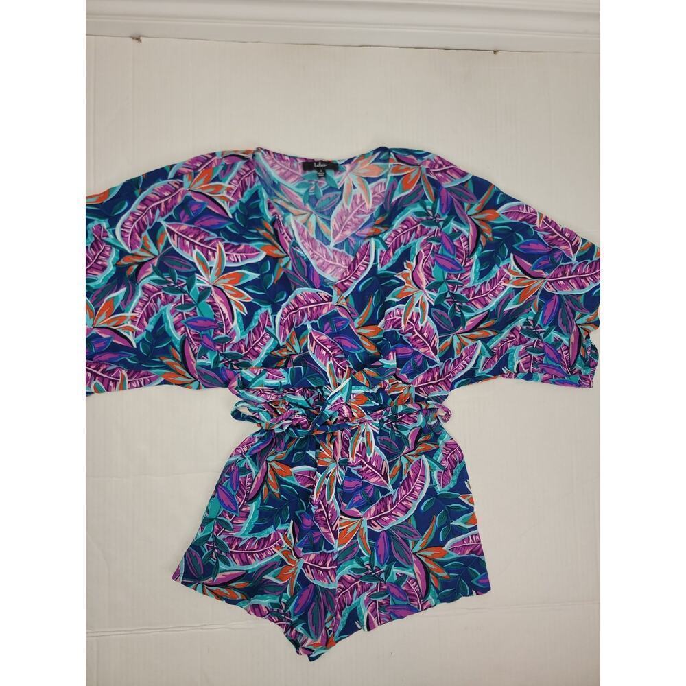 Lulus Tropical Romper Womens Sz Small V Neck Short Kimono Sleeve Hawaii Resort